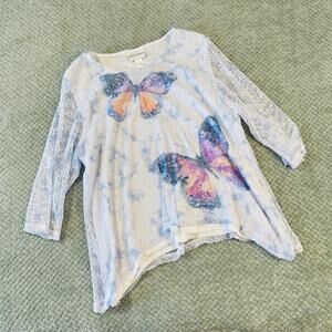 Vtg Purple Y2K AlfredDunner Mesh Sequin Butterfly TieDye Flowy Coquette Blouse L